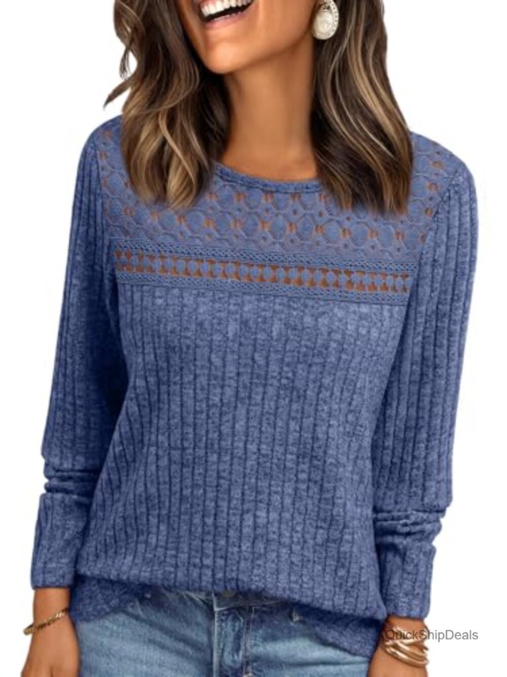 Lace Long Sleeve Tunic Top Lightweight Knit Sweater Business Casual - Picture 1 of 6